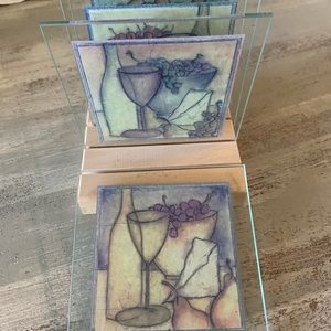Set of 4 wine country themed glass coasters with stand